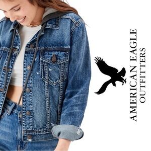 American Eagle Hooded Classic Distressed Denim Jean Jacket Built In Gray Hood